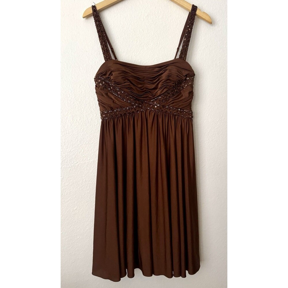 Cache Y2K Cocktail Dress Chocolate Brown Beaded Ruched Women’s 8 Party 2000s